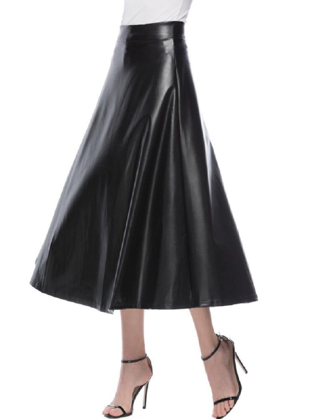 Faldas para Mujer Reino Unido, Faldas Maxi De Cuero De PU, Falda De Invierno Negra, Faldas Plisadas Elegantes para Mujer, Falda Midi De Talle Alto, Falda Frunci(L)