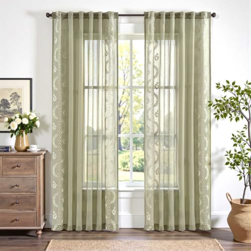 Image of jinchan Floral Sheer Curtains, Back Tab 50x84 Inch, 2 Panels Green