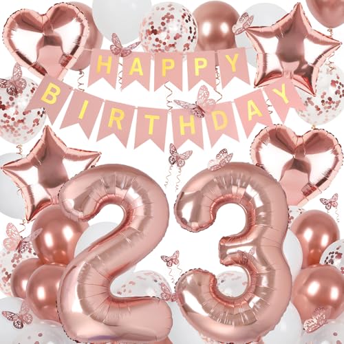 Image of Rose Gold 23th Birthday Decorations for Women, 23 Year Old Sign with Happy Birthday Banner, 40In Number 23 Foil Birthday Balloons, Butterfly Decorations, Heart and Star Balloons