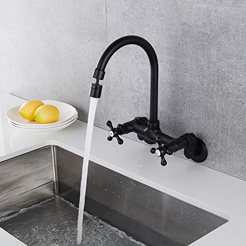 Matte Black Wall Mount Kitchen Sink Faucet 6 Inch Center Mixer Tap 360 Degree Swivel Spout Double Cross Handle