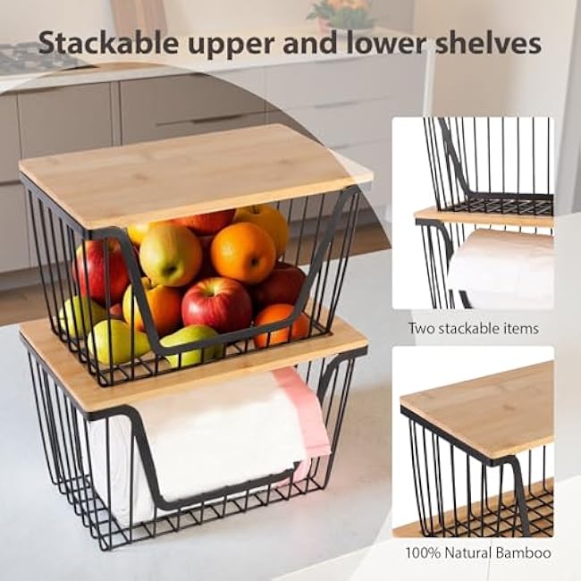 2 Pack Storage Stackable with Bamboo Top for Kitchen Laundry Room Organizers, Large Trash Bag Holder and Garbage Bag Dispenser