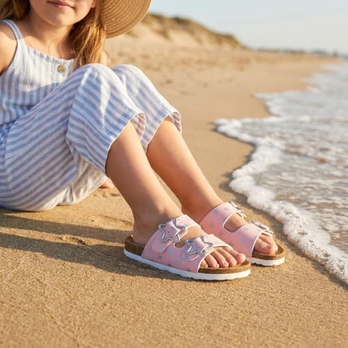 Image of CUSHIONAIRE Lily Girl Toddler Sandals with Adjustable Gold Tone Star Buckles and Cushioned Cork Footbed Slip On Girls Slides for Kids