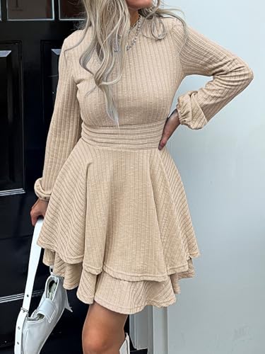 Womens Long Sleeve Knit Dress Casual Lantern Sleeve Crewneck Ruffle Short Flare A-Line Mini Sweater Dress4