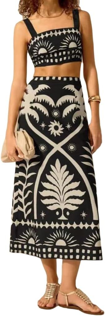 THLAI Women 2 Piece Midi Skirt Sets Tropical Print Crop Top and Midi Skirt Set Summer Casual Vacation Outfits