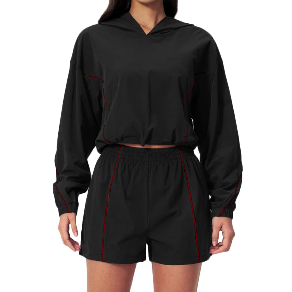 XYFfybhsd Workout Running Set Fit Casual Outdoor Short Elastic Jacket Pocket Short Women for Active(Size:M,Color:Black)