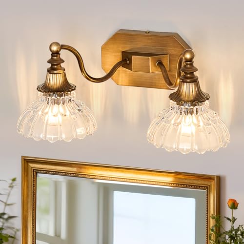 Image of hesoge Vintage Bathroom Light Fixture Antique Brass Vanity Light with Crystal Glass Shade Brushed Gold 2-Light Bathroom Light Over Mirror