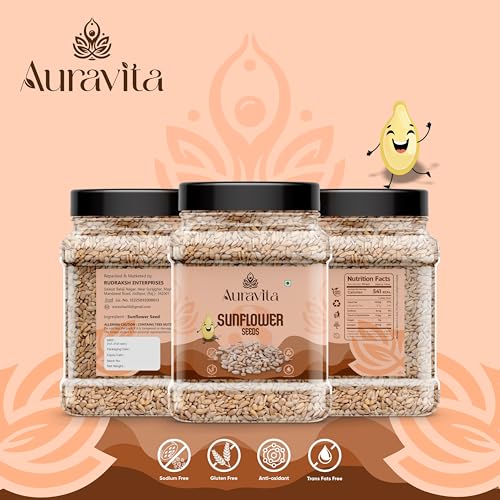 Image of Auravita Premium Sunflower Seeds 500gm | Rich in Protein, Fiber & Healthy Fats | Raw Seeds for Eating | High in Protein, Fiber & Magnesium Jar Pack