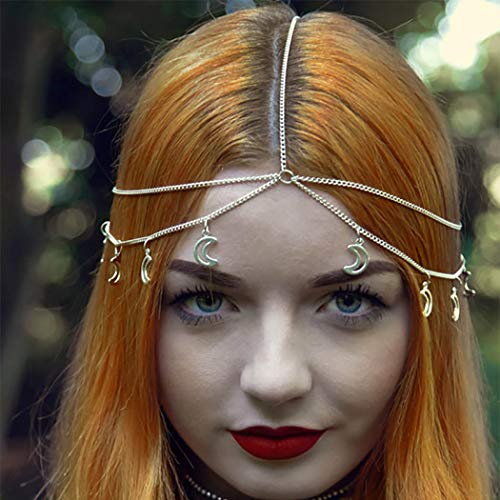 Urieo Bohemian Head Chain Jewelry Gold Moon Forehead Chain Sequins Headband Halloween Wedding Headpiece for Women and Girls