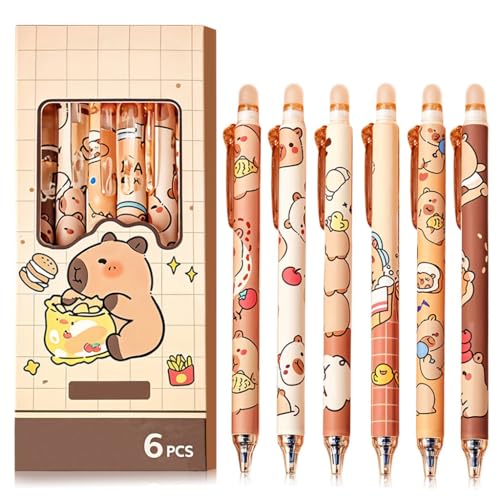 Image of Climberty 6Pcs Erasable Gel Pens with Rubber Eraser Cap Blue Ink Cute Cartoon Capybara Student Writing Pens Office Stationeries Gift Set