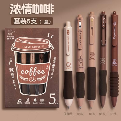 Image of 5 in 1 Coffee Gel Pen Set Soft Grip Retractable Aesthetic Kawaii Japanese Cute Gel Pens Fancy Cool Best Stationery Gel Pens for School Office Writing