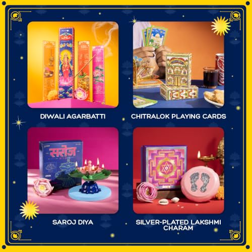 Image of Phool 17 Item Swarna Ramayana Frame Diwali Gift Box | Premium Festive Gift Hamper with Silver Lakshmi Charan Ceramic Diyas, Candle Lanterns, Sweets, & Diwali Essentials Hamper for corporate and festive gifting