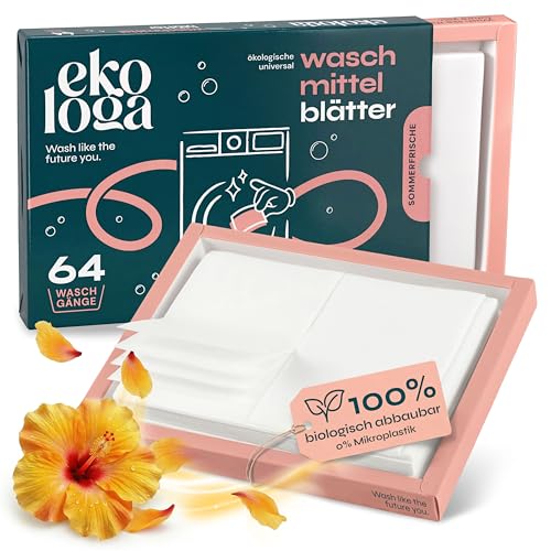 Ekologa Waschmittelblätter - Vegane, Biologisch abbaubare & Plastikfreie Waschstreifen - Ohne Phosphate & Chemikalien - Sanft zur Haut - Für alle Wäschearten (64 Stk. Sparpack)