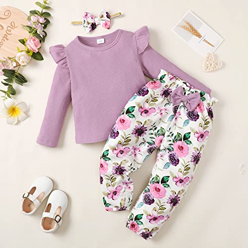 Image of YALLET 3Pcs Toddler Girl Clothes Solid Color Long Sleeves Ruffle Top+Floral Pants+Headband 1-6 Years Fall /Winter Outfits Set