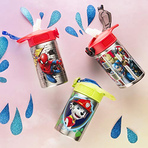 Image of Zak Designs Stainless Steel One Hand Operation Lid and Built-in Carrying Loop Water Bottle with Straw Spout is Perfect for Kids (15.5 oz, BPA Free), 1 Count (Pack of 1), Marvel Comics Spider-Man