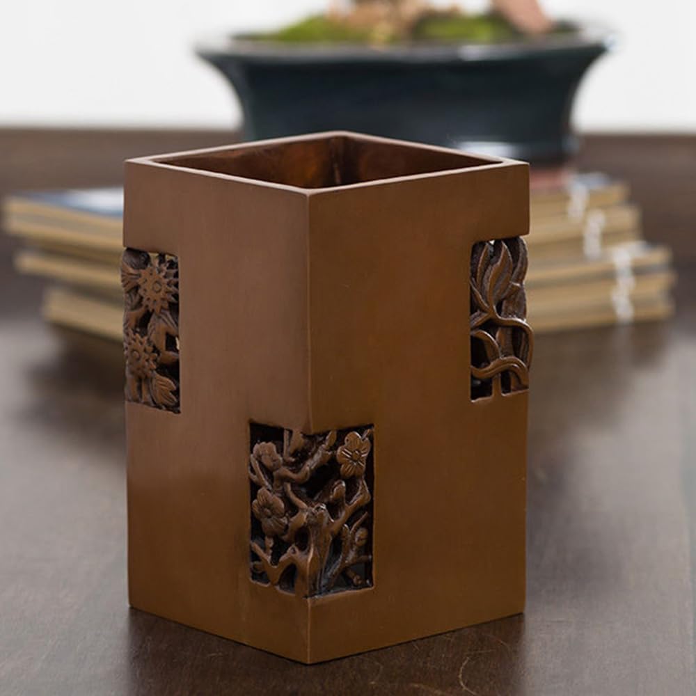 Portalápices Cuadrado de bambú de Cobre Puro con Adornos ahuecados, Mascota Feng Shui de Bronce y latón