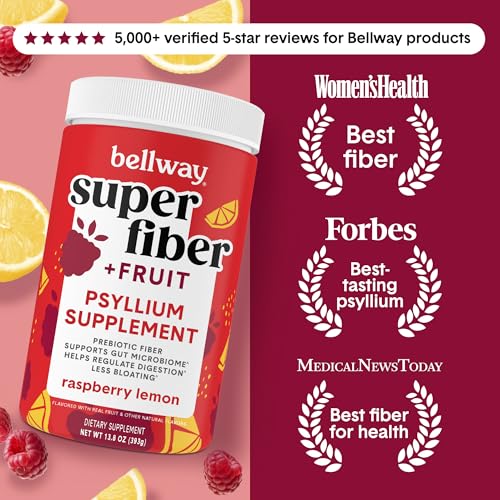 Image of Bellway Super Fiber Powder + Fruit, Sugar Free Organic Psyllium Husk Powder Fiber Supplement for Regularity, Bloating Relief & Digestive Health, Plant-Based, Raspberry Lemon (50 Servings)