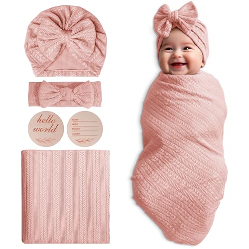 Image of Baby Blankets,5PCS Security Blanket for Babies - Swaddle Adjustable Wearable Blanket, 5pcs Newborn Accessories Set with Hello World Wooden Birth Announcement Card, Baby Blankets for Girls&Boys (Pink)
