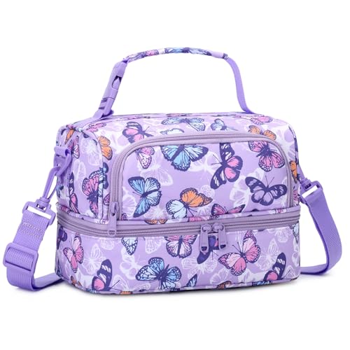 Chase Chic Lunch Bag for Girls, Insulated Reusable Large Cute Dual Lunch Bag Box Container for Kids Toddler School Daycare Purple Butterfly