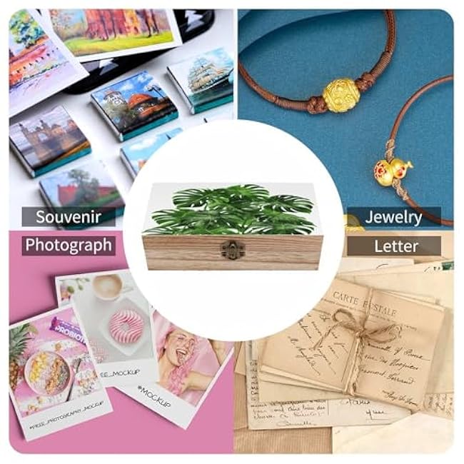 Wooden Storage Box with Hinged Lid, 7.9 X 3.7 X 2.3 Inches, Monstera Deliciosa Banana Palm Printed Paulownia Wood Box, Suitable for Crafts, Decoration And Home Keepsake Box.