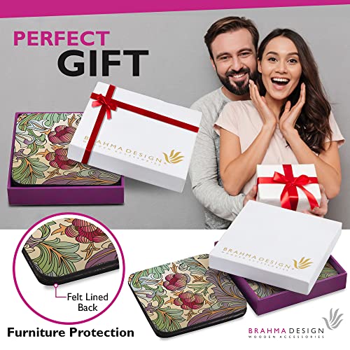 Image of Wooden Coaster Set with Gift Box | Ornate Flowers Design | Set of 4 Tabletop Square Coasters 3.75 inch x 3.75 inch | Kitchen Table Wooden Decorative Items | for Cups, Mugs, Cans, Glasses