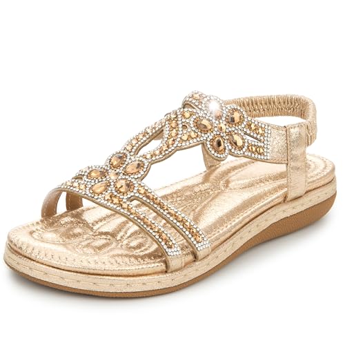 Women's Comfortable T-Strap Sandals - Extra Cushioned Bohemian Flat Shoes with Rhinestones & Beads for Walking, Beach, Wedding