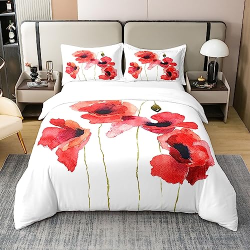 Homemissing Coquelicot 100% Coton Housse De Couette 220x240cm Jardin Botanique À Fleurs Rouges Coton Housse De Couette Ensemble Rustique Jardin Printemps...