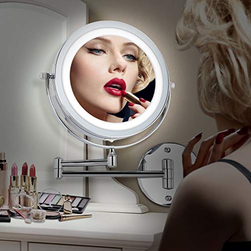 alvorog Wall Mounted Makeup Mirror LED Lighted 5X Magnifying Cosmetic Mirror 360° Swivel Extendable Two Sided Vanity Mirror for Bathroom, Powered by 4 x AAA Batteries (Not Included)