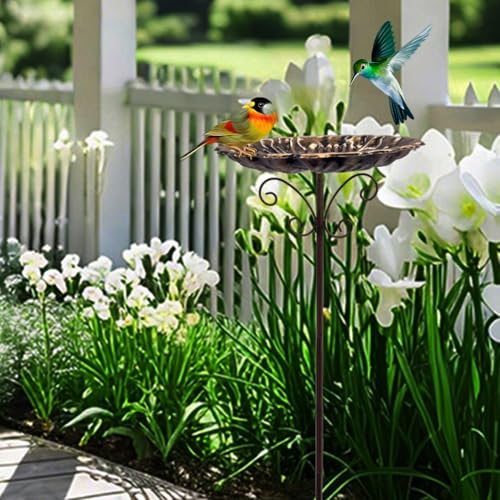 Image of HASTHIP 30.3 Inche Metal Bird Bath Bowl Metal Stand, 10'' Dia Retro Lotus Leaf Embossed Bowl for Garden, Patio & Lawn Vintage Standalone Outdoor Bird Feeder Water Bowl