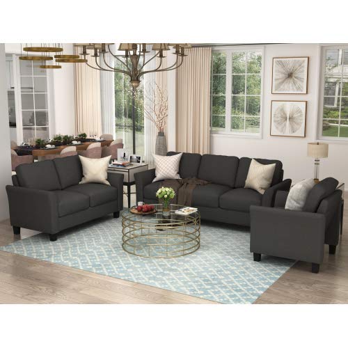 UNIROI Pieces Living Room Couch, 3 Seats Loveseat Single Chair Sofa Set, Black 2