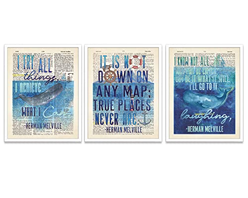 Moby Dick Herman Melville Wall Art Prints, Set of 3, UNFRAMED, Vintage Highlighted Dictionary Page Wall Home Art Decor Poster Sign, Customizable in 8x10, 11x14 or 16x20
