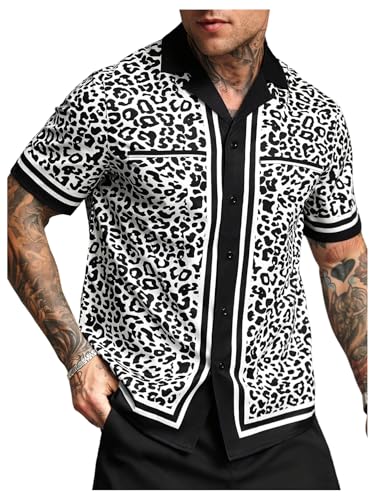 SHENHE Men's Button Down Short Sleeve Leopard Print Shirt Lapel Collar Casual Top Black and White Large