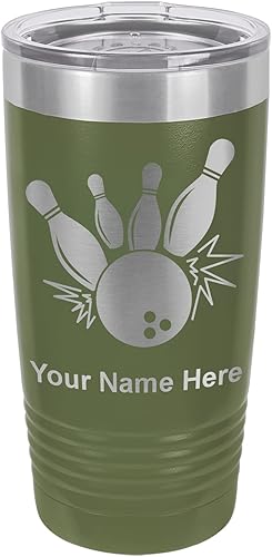 LaserGram Vaso aislado al vacío de 20 onzas, bola de bolos y pines, grabado personalizado incluido (verde camuflado)