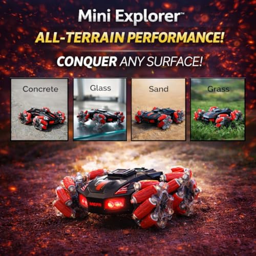 Image of MiniExplorer 4WD Double Sided RC Smoke Stunt Drift Car | 360 Rotating Remote Control Toy with Spray Mist, LED Lights & Rechargeable Battery | High Speed Off Road RC Car for Kids 8-14+ Years | Black