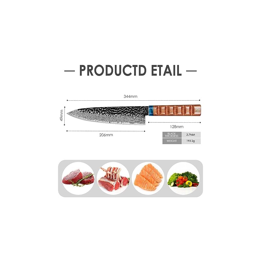 KEENZO Damascus chef Knife 8 inch,Professional kitchen knives,Sharp Damascus knife,Ergonomic rosewood handle with gift box for Home & Restaurant