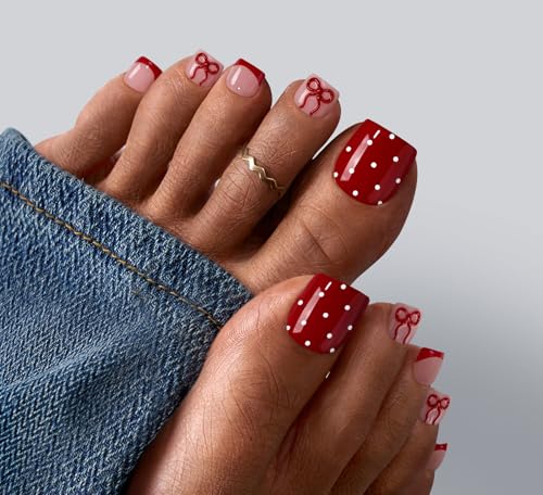 BTArtbox Press On Toenails Short - Scarlet Getaway Pedi Easy-to-Apply 3D Red Bow French Tip Square Toe Nail Press Ons with Glue and Adhesive Tabs in 15 Sizes - 30 Toenails All-in-One Kit