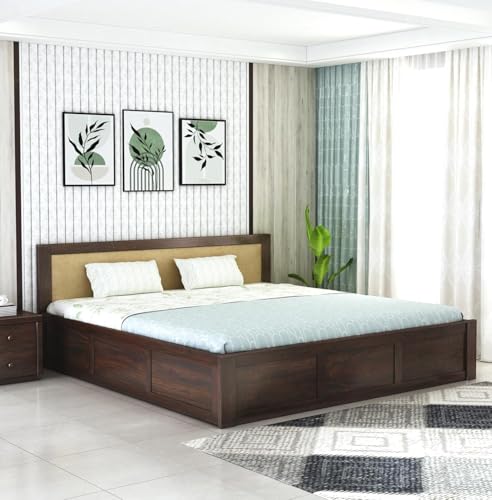 Image of Sheesham Wood Queen Size Bed with Box Storage for Bedroom Living Room Home Hotel Bed with Headboard Pannel | Wooden Double Bed Cot Palang Furniture (Walnut Finish) - 1 Year Warranty