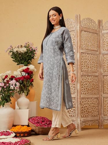 Image of Ada Women's Cotton Straight Fit Straight Hand Embroidered Lucknowi Chikankari Kurta Kurti A411165