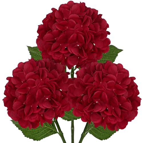 Hollyone 3Pcs Red Hydrangea Artificial Flowers Real Touch Faux Silk Hydrangeas Flowers with Stem Fake Florals Flower for Home Wedding Table Centerpiece Vase Arrangements Decoration