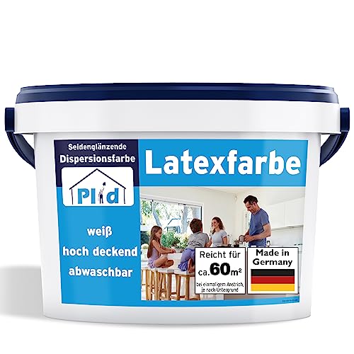 Plid® Latexfarbe Weiß seidenglänzend [10L] - Abwaschbare Farbe Innen für Küche & Badezimmer - Latexfarbe abwaschbar leicht zu reinigen & nicht schlämmend - abwaschbar nicht füllend