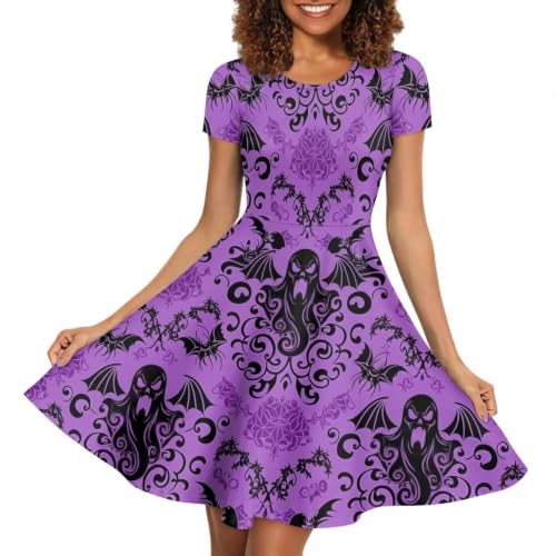 Image of POLERO Women Puffy Swing Elegant Party Midi Dresses Short Sleeve Round Neck A-Line Dress