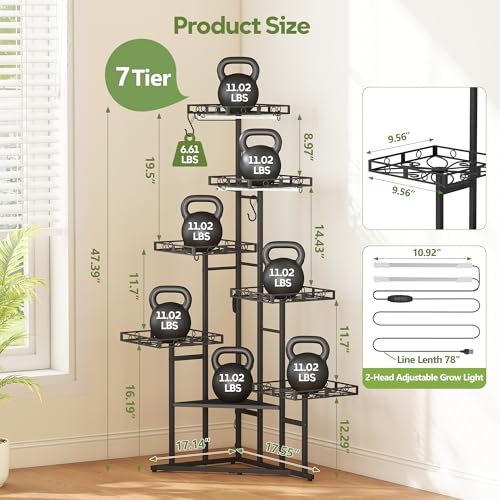 Image of Quikraen Plant Stand Indoor with Grow Lights, 46 inch Tall Lighted Corner Plant Shelf for Indoor Growing, 7-Tier Multiple Metal Large Flower Holder, Plant Rack for Home Decor, Patio (Black)