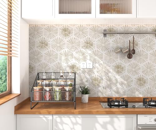 Image of Modern Peel and Stick Wallpaper Boho Self Adhesive Wallpaper Peel and Stick Geometric Contact Paper White and Beige Wall Paper Removable Wallpapers 17.3''x78.8'' for Bedroom Bathroom Cabinets Decor