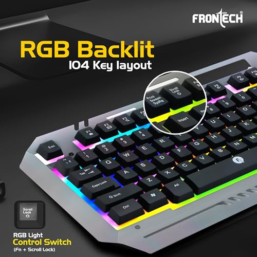FRONTECH Wired Super Design Gaming Keyboard and Optical Mouse Combo with RGB Backlight Effects| 104 Membrane Keys | USB Plug & Play | Ergonomic &... - Image 3