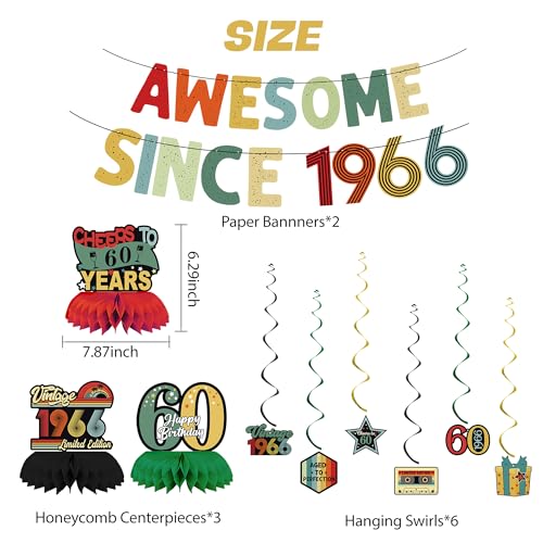 Image of Crenics Vintage 1966 60th Birthday Decorations for Men or Women | Awesome Since 1966 Banner, Honeycomb Centerpieces and Hanging Swirls for 60 years old Party Supplies