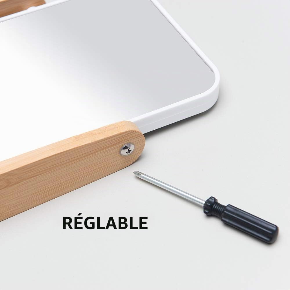 YEAKE Miroir de Maquillage avec Support en Bambou Naturel, Miroir cosmétiques grossissant Double Face 1X/2X avec Rotation à 360 degrés, Miroir de Table Portable pour Salle de Bain - Blanc