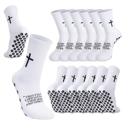 scenicamp 6 Pairs Cross Grip Soccer Socks - Anti Slip Christian Socks with Bible Verse for US 7-11 White Jesus Athletic Sock Prayer Gifts for Youth Dad Husband Grandpa Fathers Day Easter