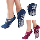Torotto Yoga-Socken Damen Anti Rutsch Pilates Barre Fitness Barfuß-Training Rutschfest Socken(2 Paare(Rot+Blau))