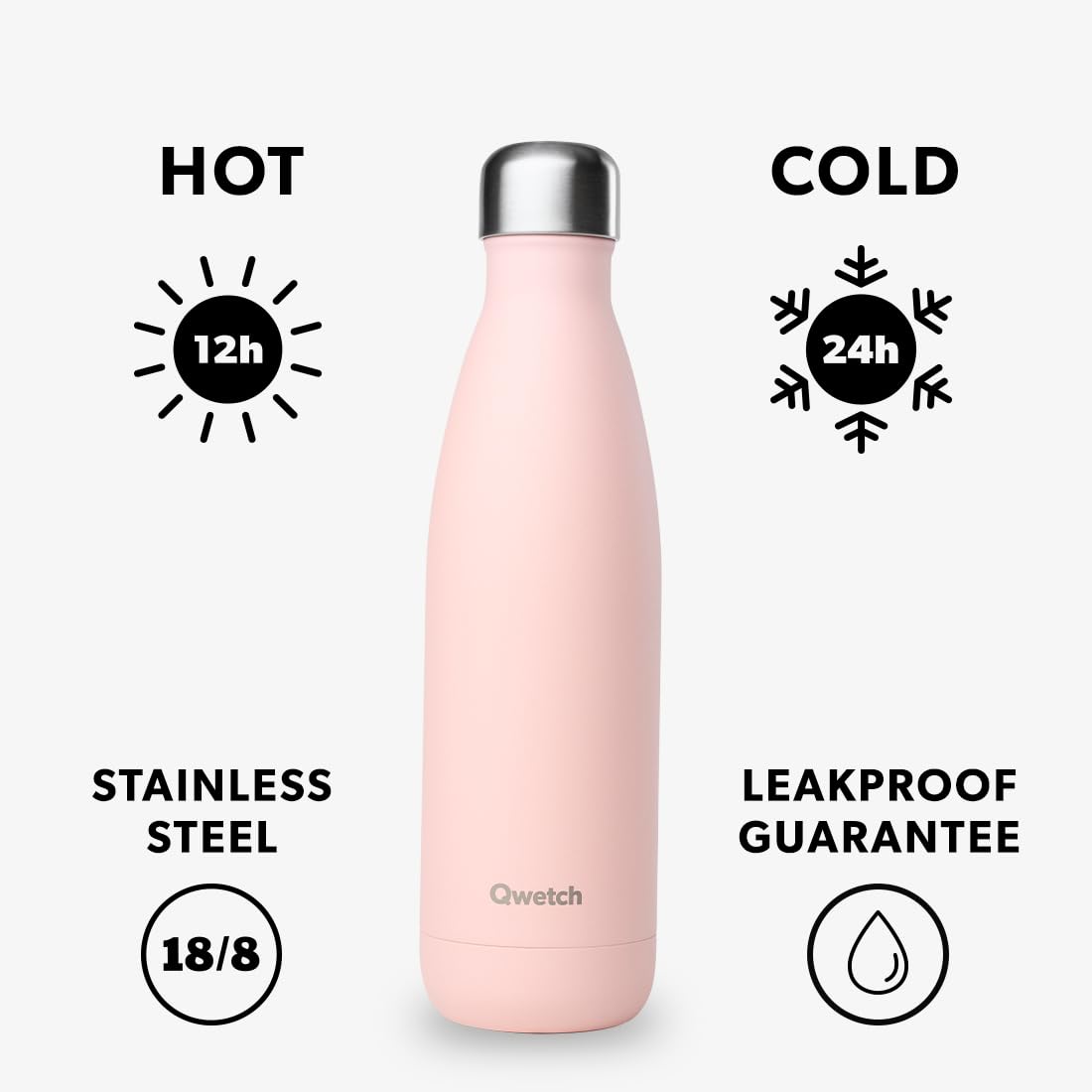 Qwetch, Insulated Originals Bottle -Pastel Pink 500ml, Stainless Steel Water Bottle, 24h Cold and 12h Hot, Leakproof - Image 2