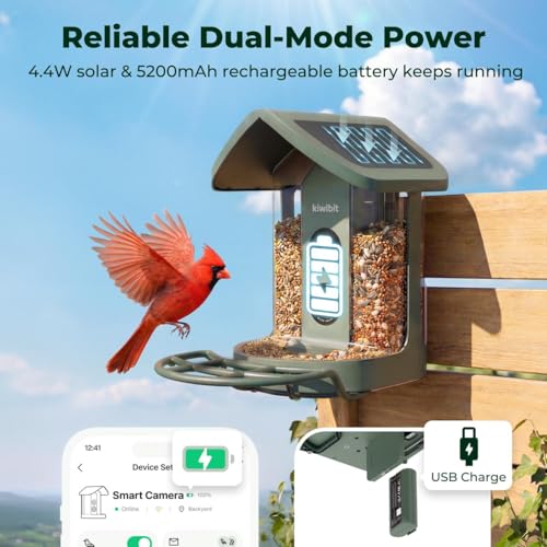 Image of Kiwibit Solar Smart Bird Feeder with Camera, 4K HDR Live Video, AI Bird ID