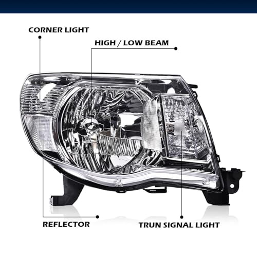 Image of GRAND ORANGE Headlights Assembly Compatible with Toyota Tacoma 2005 2006 2007 2008 2009 2010 2011 Bumper Headlamp Clear lens Chrome Housing Clear Reflector